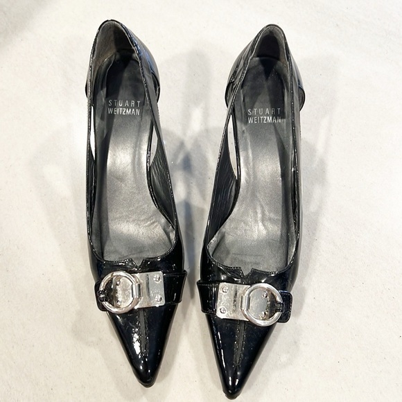 Stuart Weitzman Tabetha Patent Leather Kitten Heels Black Buckle Pointed Toe 7 - Picture 6 of 13